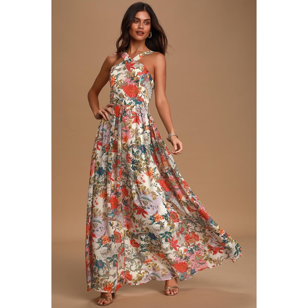 Lulus Lilja Cream Floral Print Maxi Dress - Small